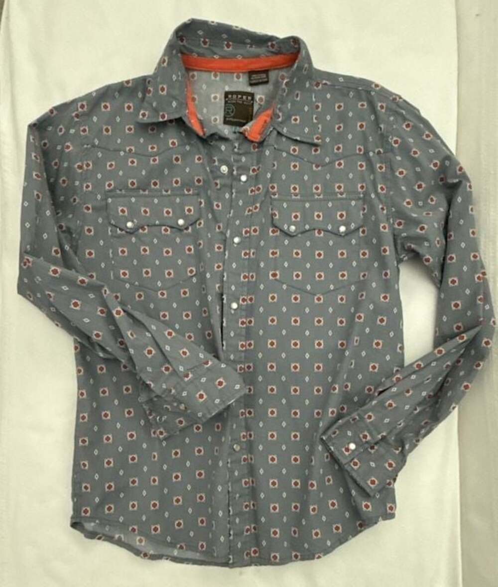 Roper Long Sleeve Geo Print Western Pearl Snap Shirt Size L Boy 12-14